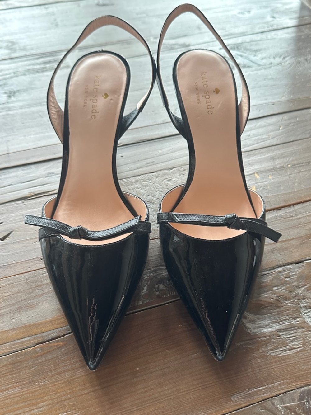 kate spade Black Patent Pointed Toe Slingback Pumps with Bow